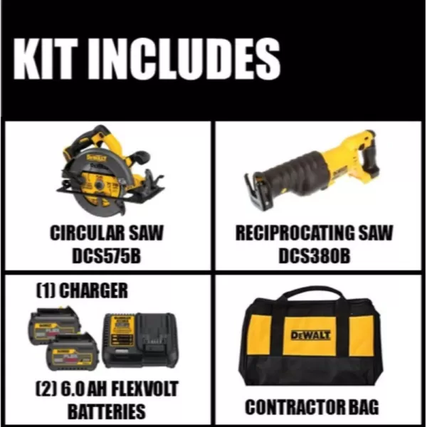 DEWALT FLEXVOLT 60-Volt MAX Cordless Brushless 7-1/4 in. Circular Saw, (2) FLEXVOLT 6.0Ah Batteries & Reciprocating Saw