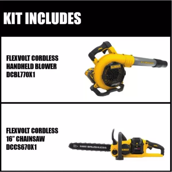 DEWALT 129 MPH 423 CFM 60V MAX Cordless FLEXVOLT Handheld Leaf Blower, (2) 3.0Ah Batteries & Charger w/ Bonus 16 in. Chain Saw