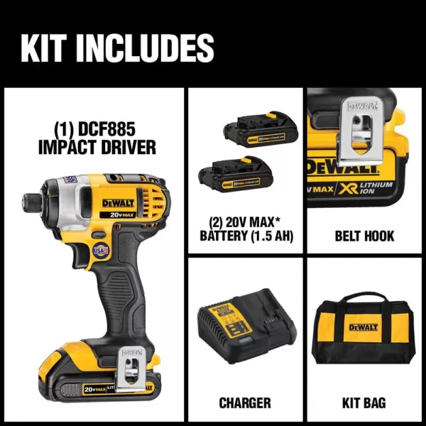 DEWALT 20-Volt MAX Cordless 1/4 in. Impact Driver, (2) 20-Volt 1.3Ah Batteries, Charger & Bag