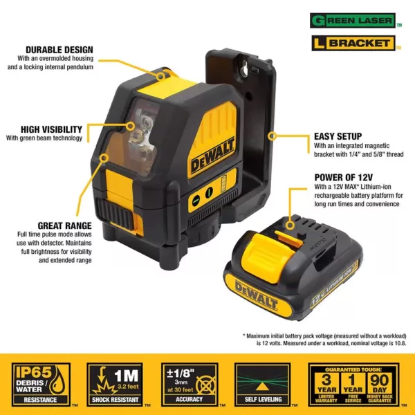 DEWALT 12-Volt MAX Lithium-Ion Cross Line Green Laser Level w/ 12-Volt Battery 2Ah, Charger, Case & Bonux TOUGHSYSTEM Tool Box