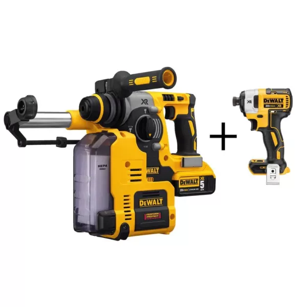 DEWALT 20-Volt MAX XR 1 in. SDS Plus L-Shape Rotary Hammer w/ Extractor, (2) 20-Volt 5.0Ah Batteries & 1/4 in. Impact Driver