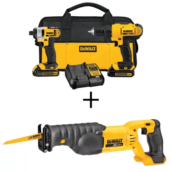 DEWALT 20-Volt MAX Cordless Drill/Impact Combo Kit (2-Tool) with (2) 20-Volt 1.3Ah Batteries, Charger & Reciprocating Saw