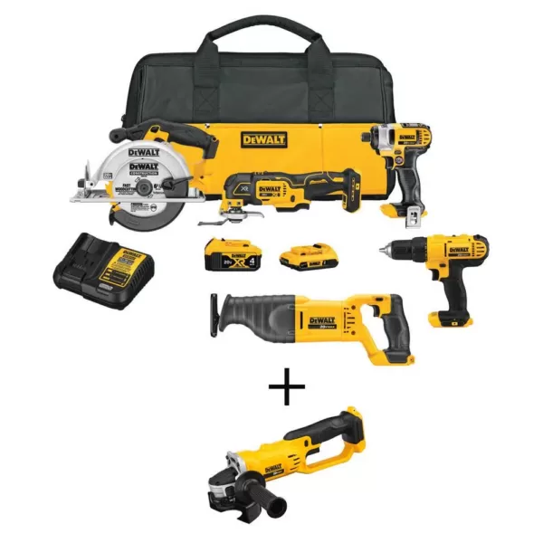 DEWALT 20-Volt MAX Cordless Combo Kit (5-Tool) with (1) 20-Volt 4.0Ah Battery, (1) 20-Volt 2.0Ah Battery & 4-1/2 in. Grinder