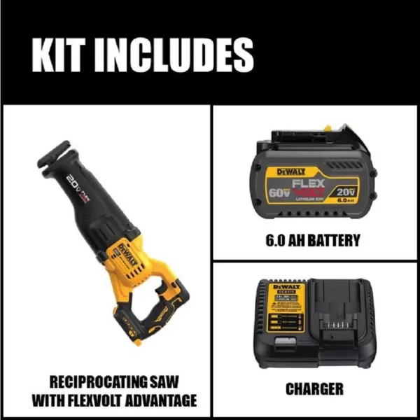 DEWALT 20-Volt MAX Lithium Ion Cordless Brushless Reciprocating Saw with FLEXVOLT ADVANTAGE & (1) FLEXVOLT 6.0Ah Battery Kit