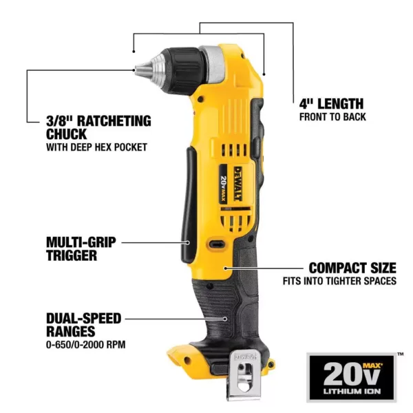 DEWALT 20-Volt MAX Cordless 3/8 in. Right Angle Drill/Driver with (1) 20-Volt 3.0Ah Battery