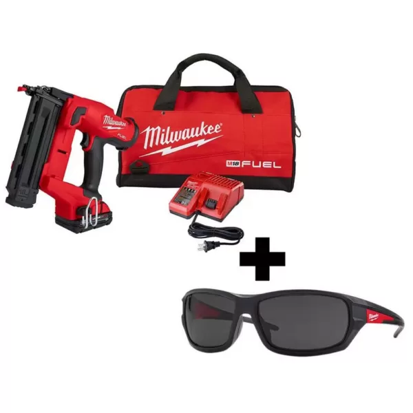 Milwaukee M18 FUEL 18-Volt 18-Gauge Lithium-Ion Brushless Cordless Gen II Brad Nailer Kit and Tinted Performance Safety Glasses