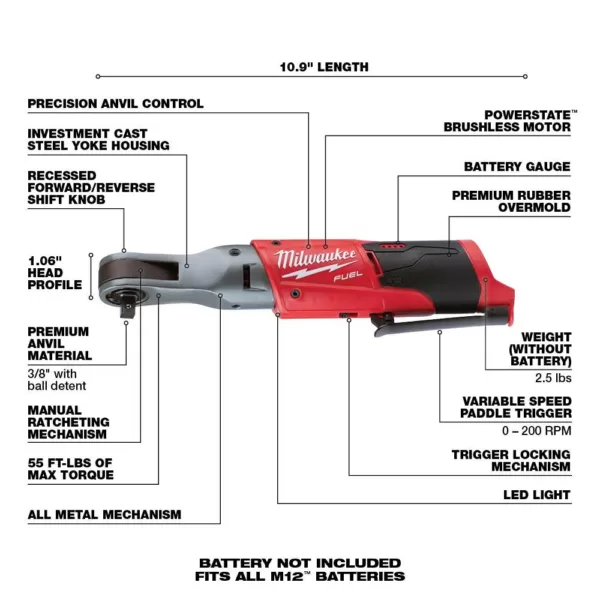 Milwaukee M12 FUEL 12-Volt Lithium-Ion Brushless Cordless 3/8 in. Ratchet and 1/2 in. Impact Wrench with two 3.0 Ah Batteries