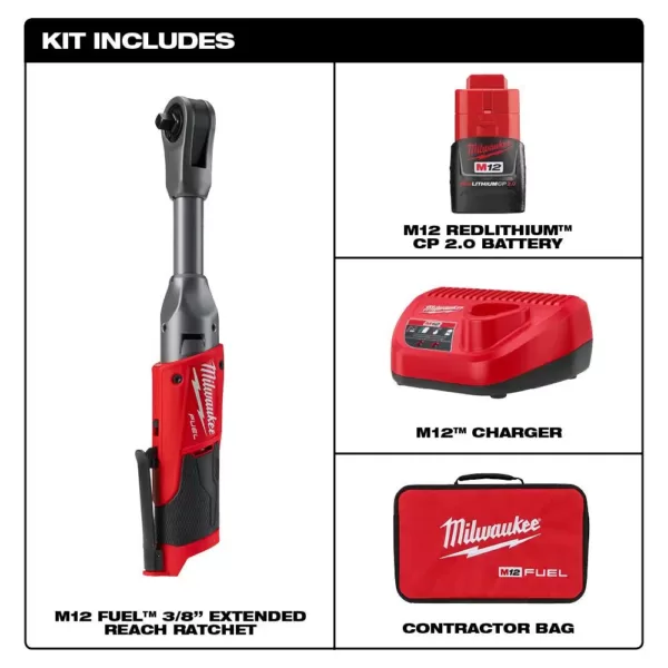 Milwaukee M12 FUEL 12-Volt Lithium-Ion Brushless Cordless 3/8 in. Extended Reach Ratchet Kit with Metric Ratcheting Wrench Set