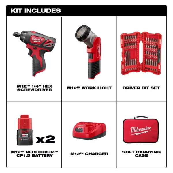 Milwaukee M12 12-Volt Lithium-Ion Cordless 1/4 in. Hex Screwdriver/LED Worklight Kit with (2) 1.5Ah Batteries,Bit Set & Bag