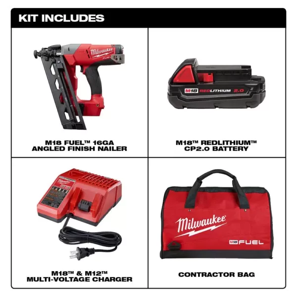 Milwaukee M18 FUEL 18-Volt Lithium-Ion Brushless Cordless 16-Gauge Angled Finish Nailer Kit with (1) 2.0Ah Battery, Charger & Bag