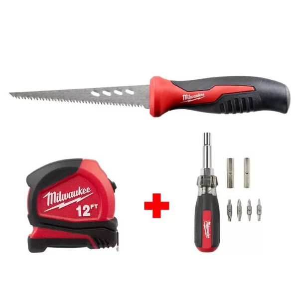 Milwaukee 6 in. Fixed Jab Saw and 12 ft. Compact Tape Measure and 13-in-1 Multi-Tip Cushion Grip Screwdriver Hand Tool Set