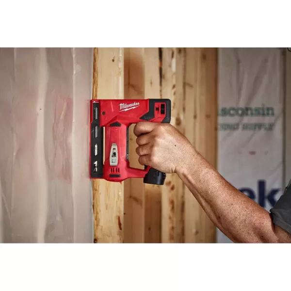 Milwaukee M12 12-Volt Lithium-Ion Cordless 1/4 in. Hex Impact and 3/8 in. Crown Stapler Combo Kit W/ (1) 2.0Ah Battery and Charger