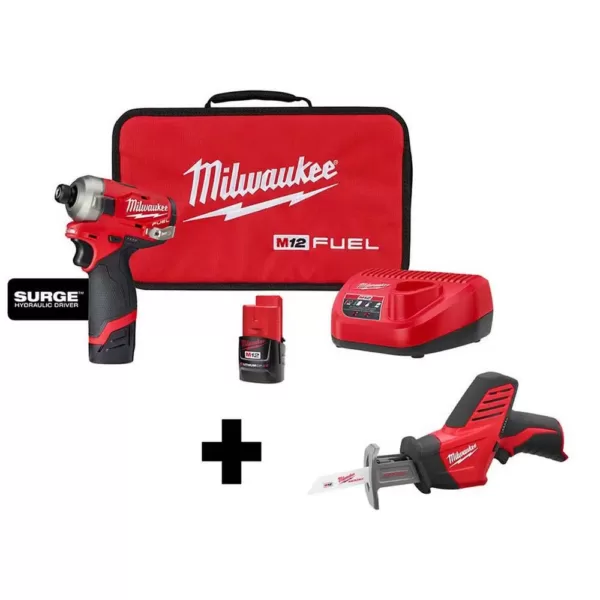 Milwaukee M12 FUEL SURGE 12-Volt Lithium-Ion Brushless Cordless 1/4 in. Hex Impact Driver Kit W/ M12 Hackzall