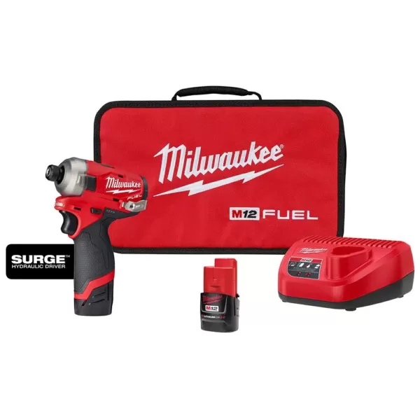 Milwaukee M12 FUEL SURGE 12-Volt Lithium-Ion Brushless Cordless 1/4 in. Hex Impact Driver Compact Kit w/Two 2.0Ah Batteries, Bag