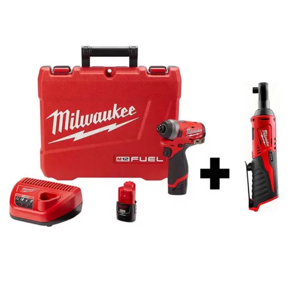 Milwaukee M12 FUEL 12-Volt Lithium-Ion Brushless Cordless 1/4 in. Hex Impact Driver Kit with Free M12 3/8 in. Ratchet