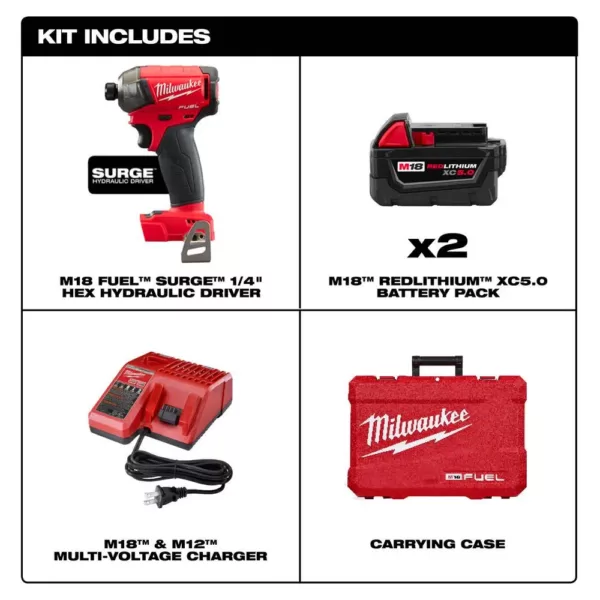 Milwaukee M18 FUEL SURGE 18-Volt Lithium-Ion Brushless Cordless 1/4 in. Hex Impact Driver Compact Kit with Two 5.0 Ah Batteries