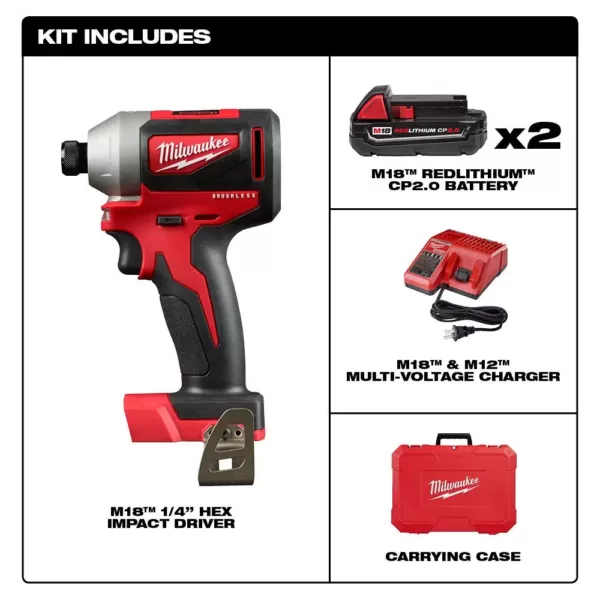 Milwaukee M18 18-Volt Lithium-Ion Brushless Cordless 1/4 in. Impact Driver Kit with Two 2.0 Ah Batteries, Charger and Hard Case