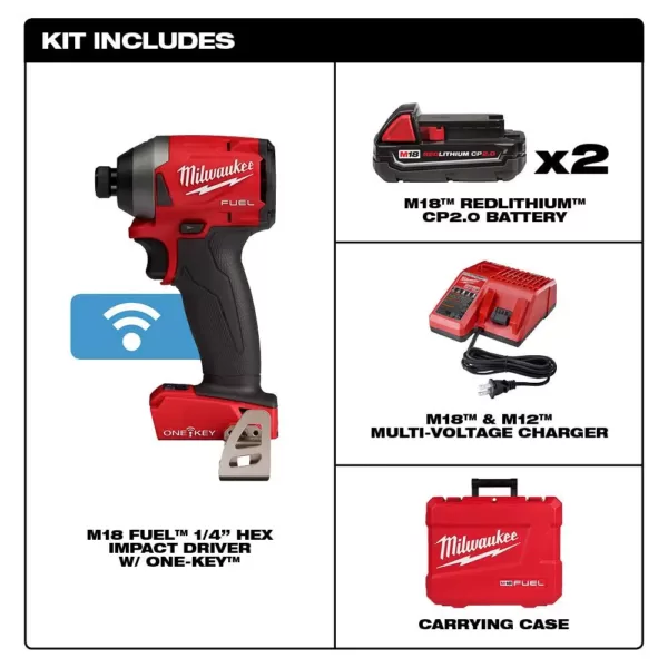 Milwaukee M18 FUEL ONE-KEY 18-Volt Lithium-Ion Brushless Cordless 1/4 in. Hex Impact Driver Kit W/ (2) 2.0Ah Batteries, Hard Case