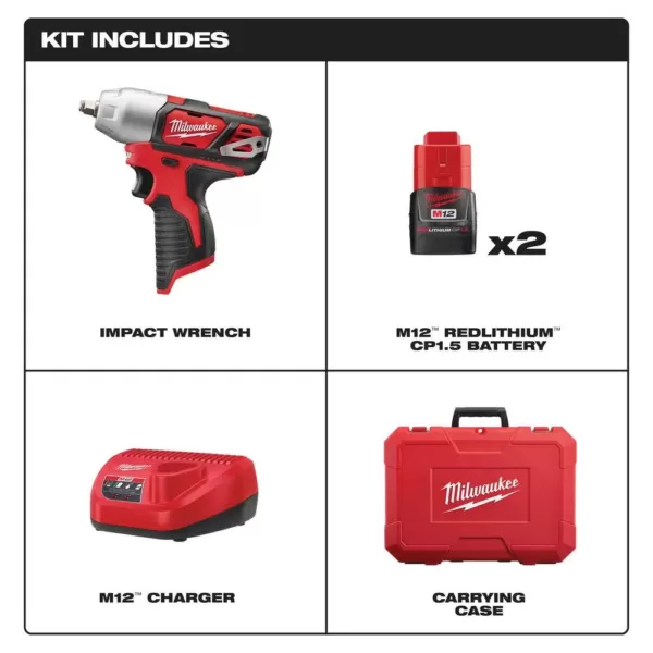 Milwaukee M12 12-Volt Lithium-Ion Cordless 3/8 in. Impact Wrench Kit W/ (2) 1.5Ah Batteries, Charger & Hard Case