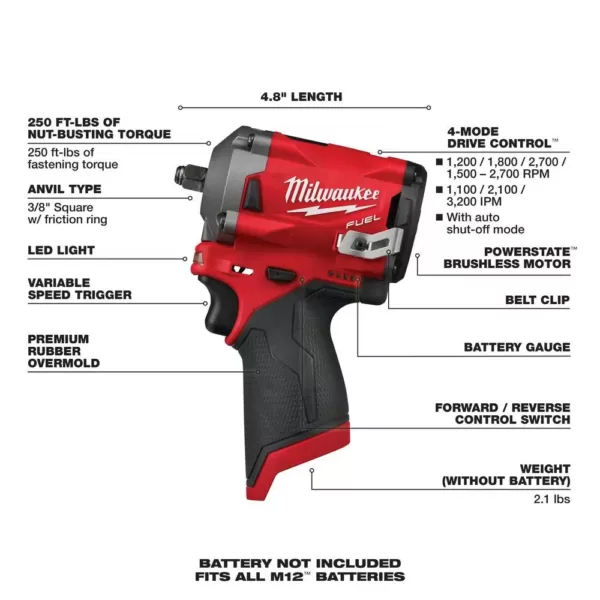 Milwaukee M12 FUEL 12-Volt Lithium-Ion Brushless Cordless Stubby 3/8 in. Impact Wrench & Ratchet Combo Kit (2-Tool)