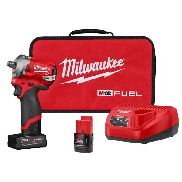 Milwaukee M12 FUEL 12-Volt Lithium-Ion Brushless Cordless Stubby 1/2 in. Impact Wrench Kit with One 4.0 and One 2.0Ah Batteries