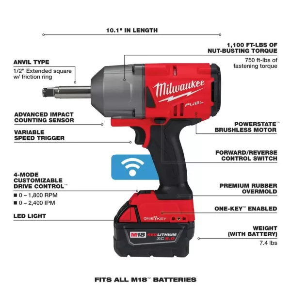 Milwaukee M18 ONE-KEY FUEL 18-Volt Lithium-Ion Brushless Cordless 1/2 in. Impact Wrench with Extended Anvil Kit with 2 Batteries