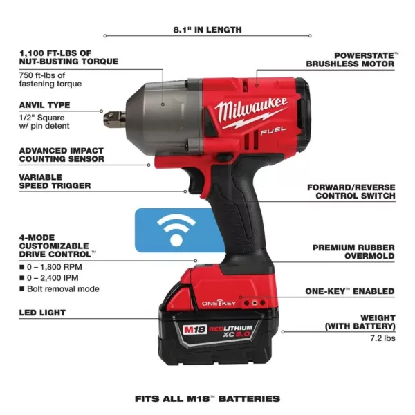 Milwaukee M18 FUEL ONE-KEY 18-Volt Lithium-Ion Brushless Cordless 1/2 in. Impact Wrench w/ Pin Detent Kit w/(2) 5.0Ah Batteries