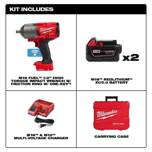 Milwaukee M18 FUEL ONE-KEY 18-Volt Lithium-Ion Brushless Cordless 1/2 in. Impact Wrench w/ Friction Ring Kit w/(2) 5.0Ah Batteries