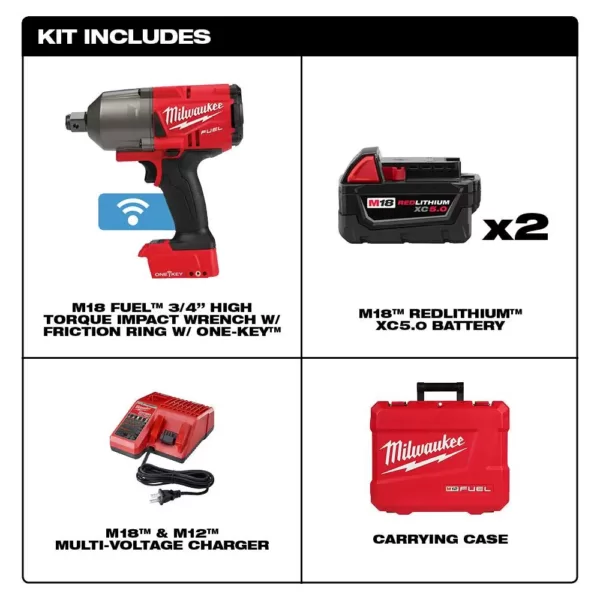 Milwaukee M18 FUEL ONE-KEY 18-Volt Lithium-Ion Brushless Cordless 3/4 in. Impact Wrench w/Friction Ring Kit w/(2) 5.0Ah Batteries