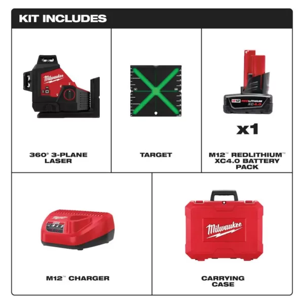 Milwaukee M12 12-Volt Lithium-Ion Cordless Green 250 ft. 3-Plane Laser Level Kit with One 4.0 Ah Battery, Charger and Case