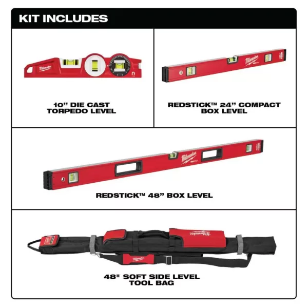 Milwaukee 10 in. / 24 in. / 48 in. REDSTICK Box and Torpedo Level Set