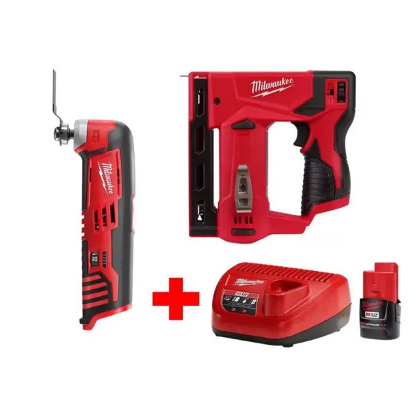 Milwaukee M12 12-Volt Lithium-Ion Cordless 3/8 in. Crown Stapler and Multi-Tool Combo Kit with (1) 2.0Ah Battery and Charger