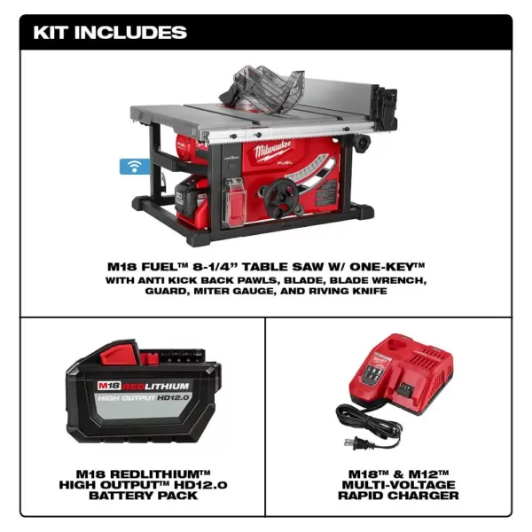 Milwaukee M18 FUEL ONE-KEY 18- volt Lithium-Ion Brushless Cordless 8-1/4 in. Table Saw Kit W/ (1) 12.0Ah Battery & Rapid Charger