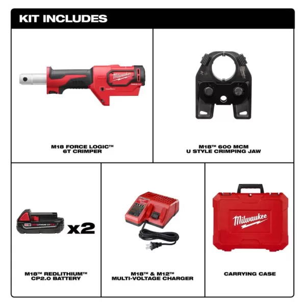 Milwaukee M18 18-Volt Lithium-Ion Cordless FORCE LOGIC 600 MCM Crimper Kit W/(2) 2.0Ah Batteries, Charger, Hard Case