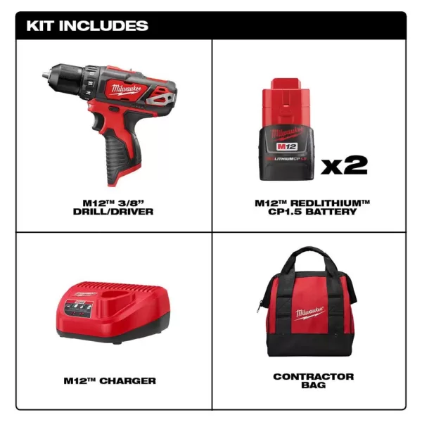 Milwaukee M12 12-Volt Lithium-Ion Cordless 3/8 in. Drill/Driver Kit with Two 1.5 Ah Batteries, Charger and Tool Bag