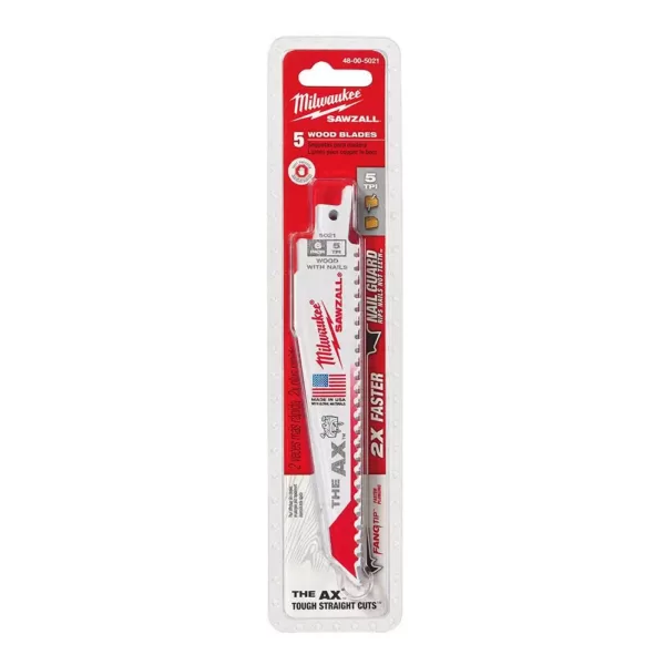 Milwaukee 6 in. 5 TPI AX Nail Embedded Wood Cutting SAWZALL Reciprocating Saw Blades (5-Pack)