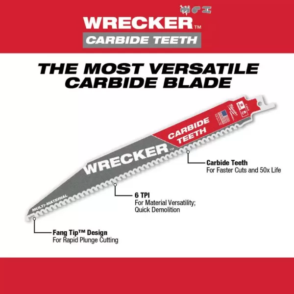 Milwaukee 6 in. 6 TPI WRECKER Carbide Teeth Multi-Material Cutting SAWZALL Reciprocating Saw Blade