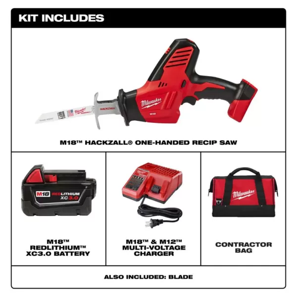 Milwaukee M18 18-Volt Lithium-Ion Cordless Hackzall Reciprocating Saw Kit with (1) 3.0Ah Battery, Charger and Tool Bag