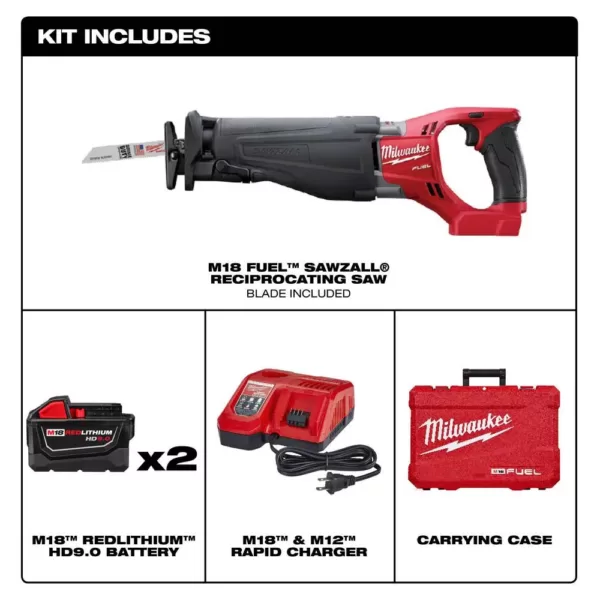 Milwaukee M18 FUEL 18-Volt Lithium-Ion Brushless Cordless SAWZALL Reciprocating Saw Kit W/(2) 9.0Ah Batteries & Hard Case