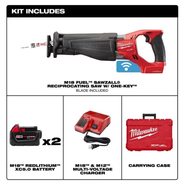 Milwaukee M18 FUEL ONE-KEY 18-Volt Lithium-Ion Brushless Cordless SAWZALL Reciprocating Saw Kit with Two 5.0 Ah Batteries, Case