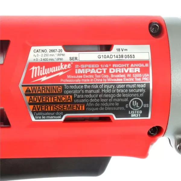 Milwaukee M18 18-Volt Lithium-Ion Cordless 1/4 in. Hex 2-Speed Right Angle Impact Driver W/ (1) 5.0Ah Battery and Charger