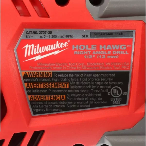 Milwaukee M18 FUEL 18-Volt Lithium-Ion Brushless Cordless 1/2 in. Hole Hawg Right Angle Drill (Tool-Only)