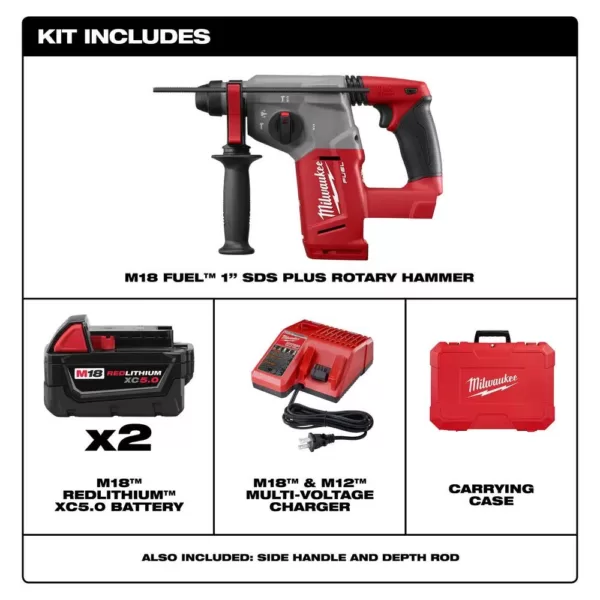 Milwaukee M18 FUEL 18-Volt Lithium-Ion Brushless Cordless 1 in. SDS-Plus Rotary Hammer Kit with Two 5.0Ah Batteries, Hard Case