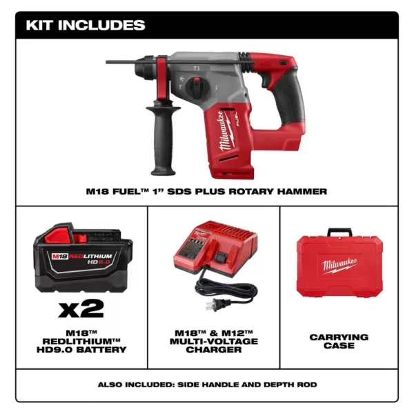 Milwaukee M18 FUEL 18-Volt Lithium-Ion Brushless Cordless 1 in. SDS-Plus Rotary Hammer Kit W/(2) 9.0Ah Batteries, Rapid Charger