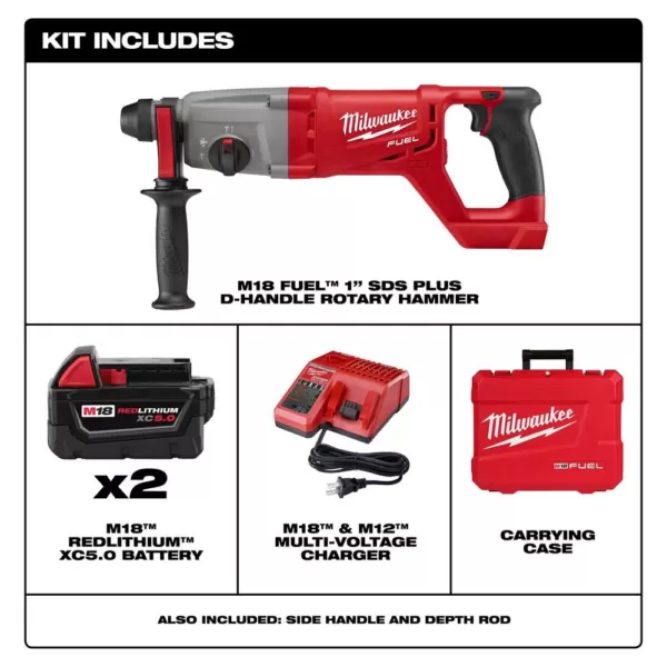 Milwaukee M18 FUEL 18-Volt Lithium-Ion Brushless Cordless 1 in. SDS-Plus D-Handle Rotary Hammer Kit w/ Two 5.0Ah Batteries & Case