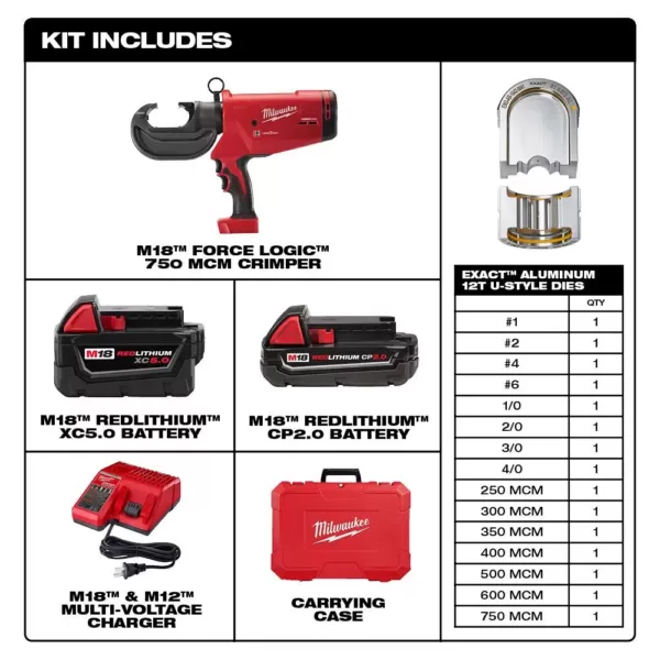 Milwaukee M18 18-Volt Lithium-Ion Cordless FORCE LOGIC 750 MCM Crimper Kit with EXACT #6 750 MCM Al Dies and M18 FUEL Combo Kit